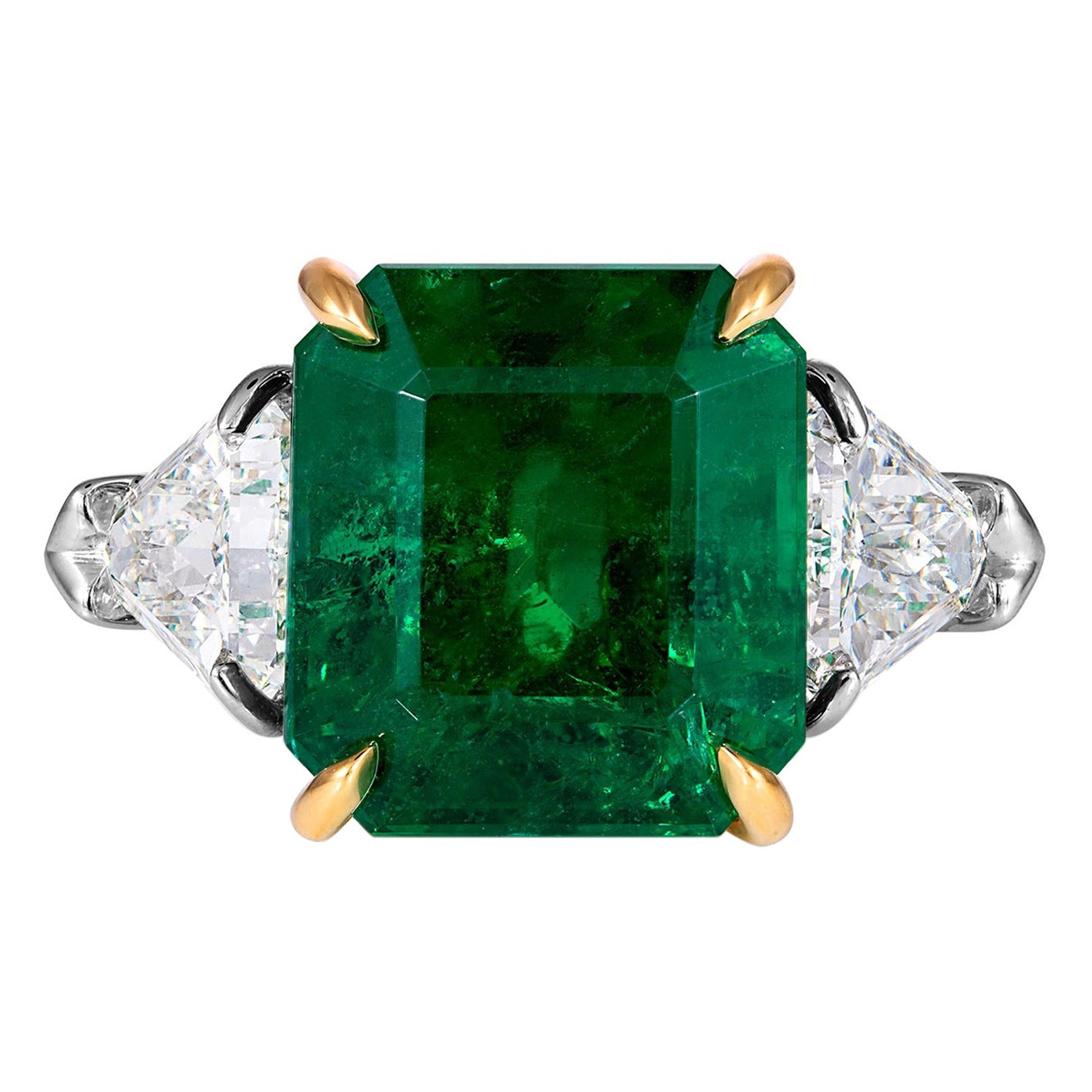 GIA 13.21ct Step cut Square Green Emerald Diamond 3 Stone Plat 18k YG Ring