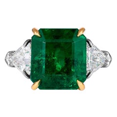 Used GIA 13.21ct Step cut Square Green Emerald Diamond 3 Stone Plat 18k YG Ring