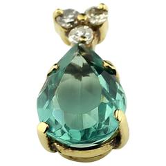 Handmade Sea Blue Green Tourmaline Diamond Gold Pendant