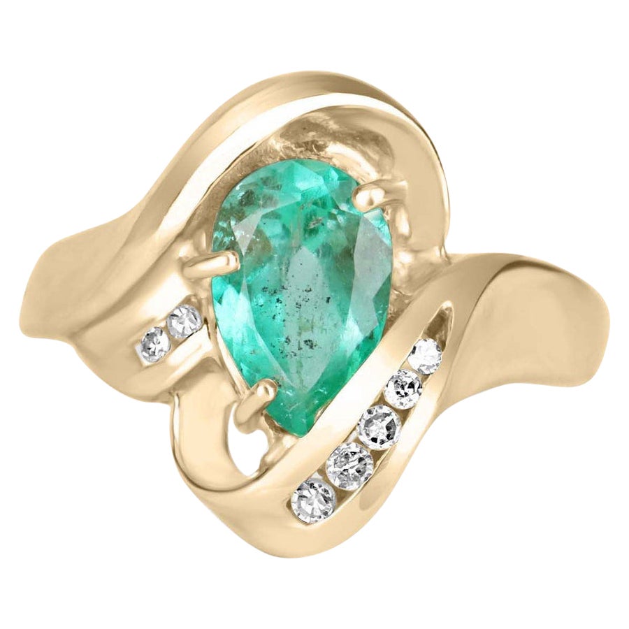 2.02tcw 14K Colombian Emerald-Pear Cut & Diamond Statement Gold Ring For Sale