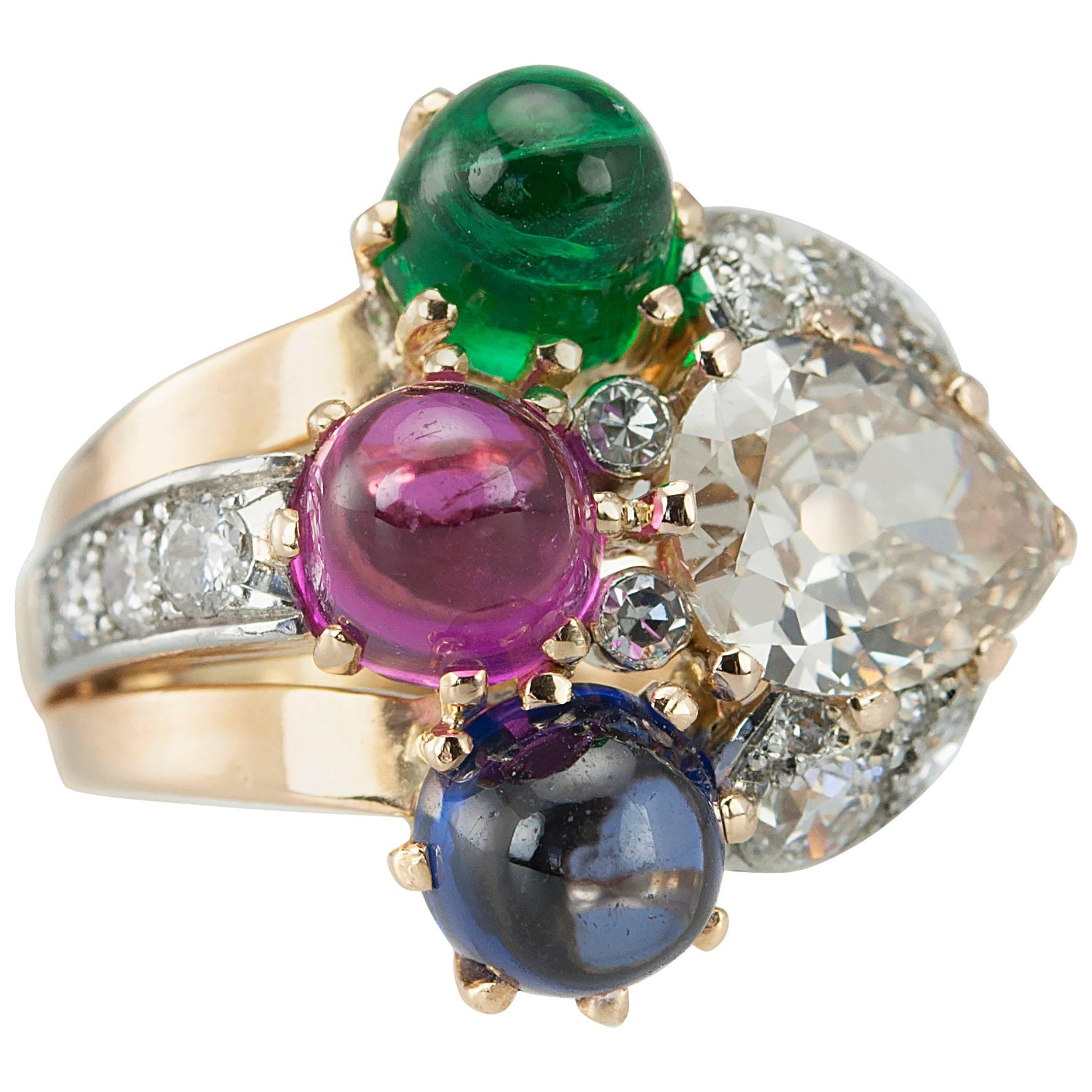 Retro Ruby Emerald Sapphire Diamond Gold Ring  For Sale