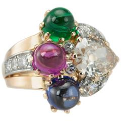 Retro Ruby Emerald Sapphire Diamond Gold Ring 