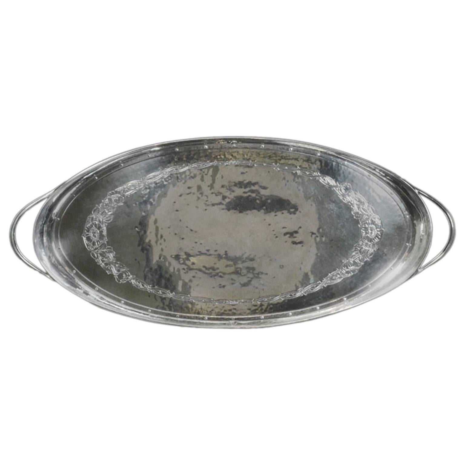 Silver Oval Tray with Loop Handles By Omar Ramsden circa 1930
