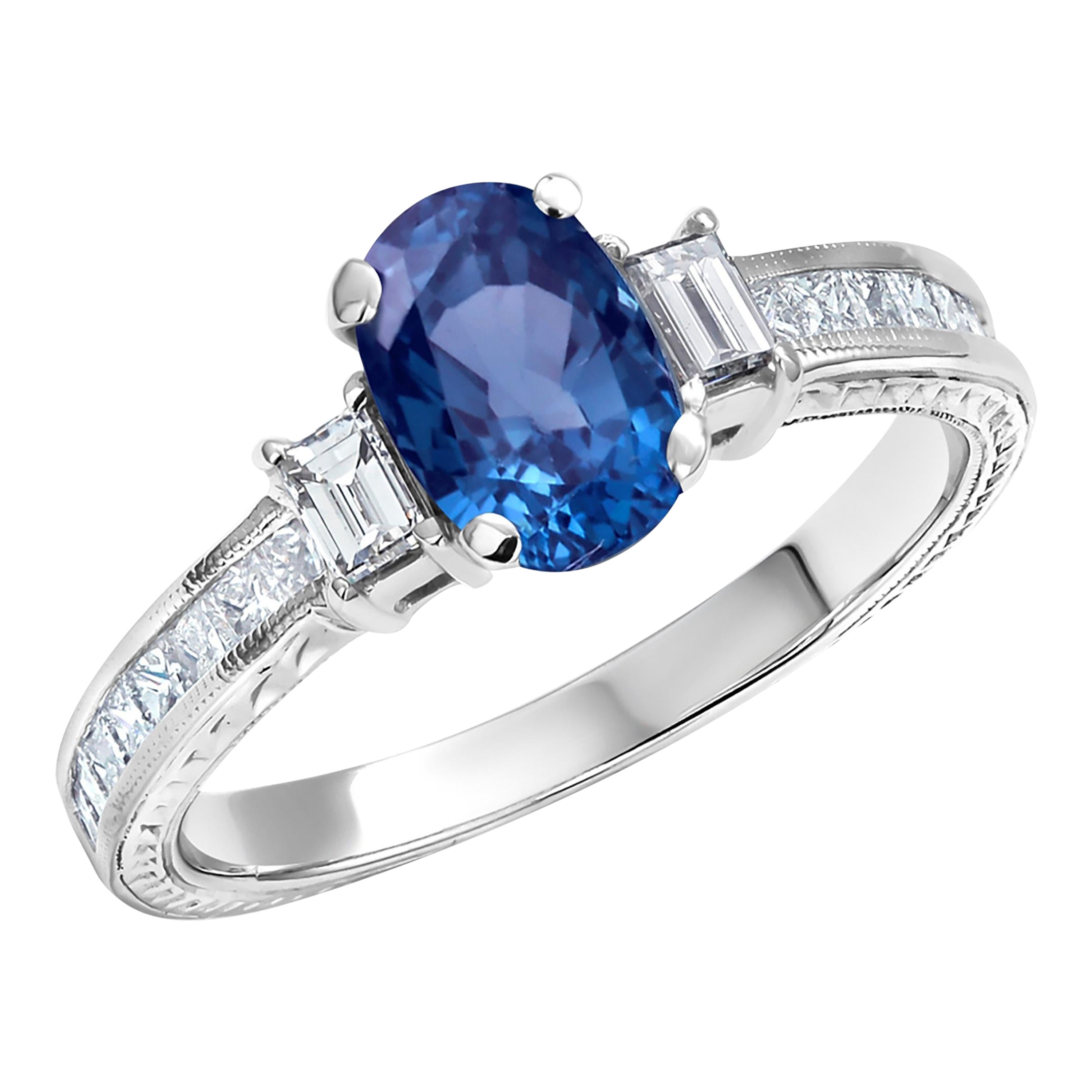 Eighteen Karat White Gold Ceylon Sapphire and Diamond Engraved Engagement Ring