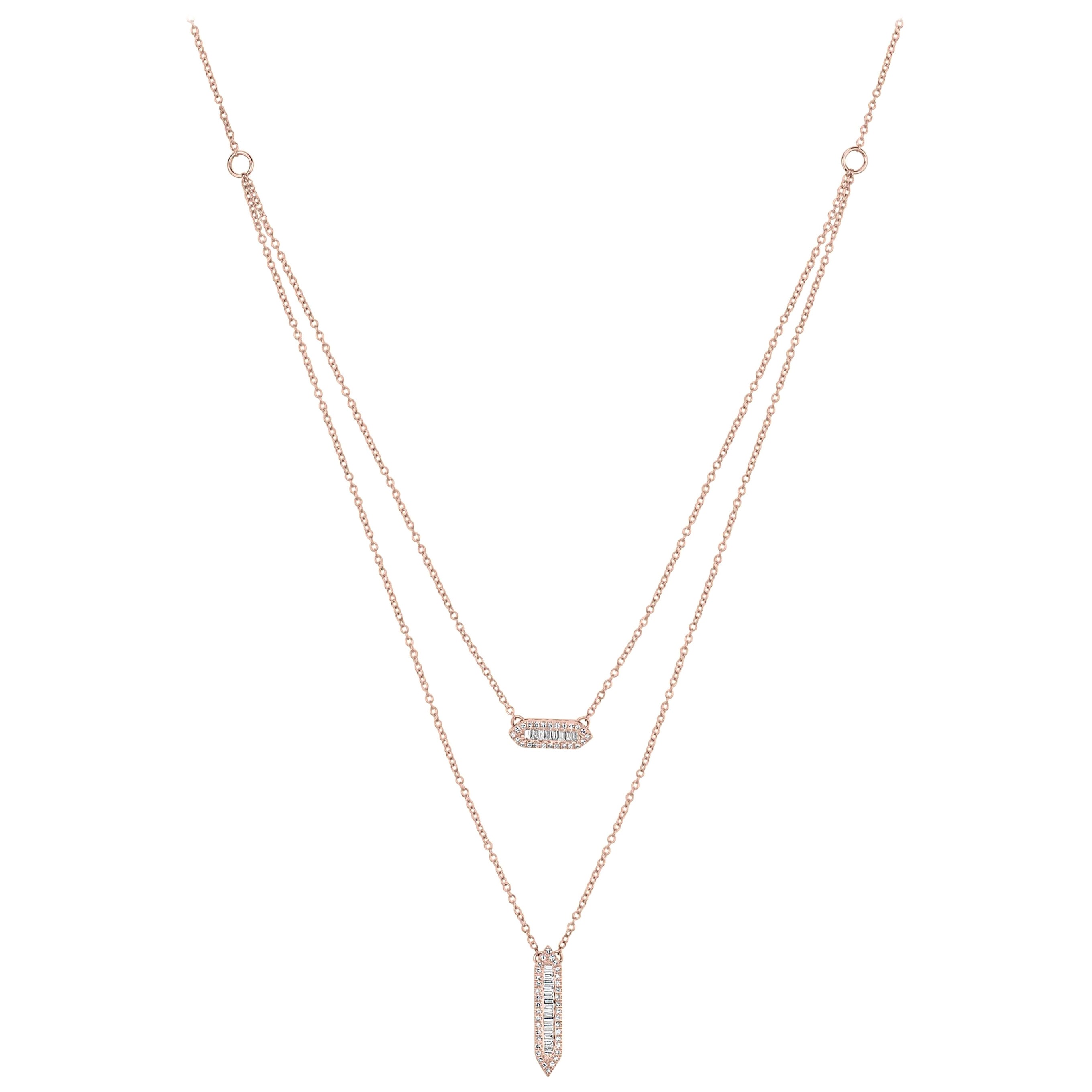 Luxle 0,45 Karat. T.W Runde & Baguette-Diamant-Halskette mit mehrlagigem Anhänger aus 14 Karat Gold