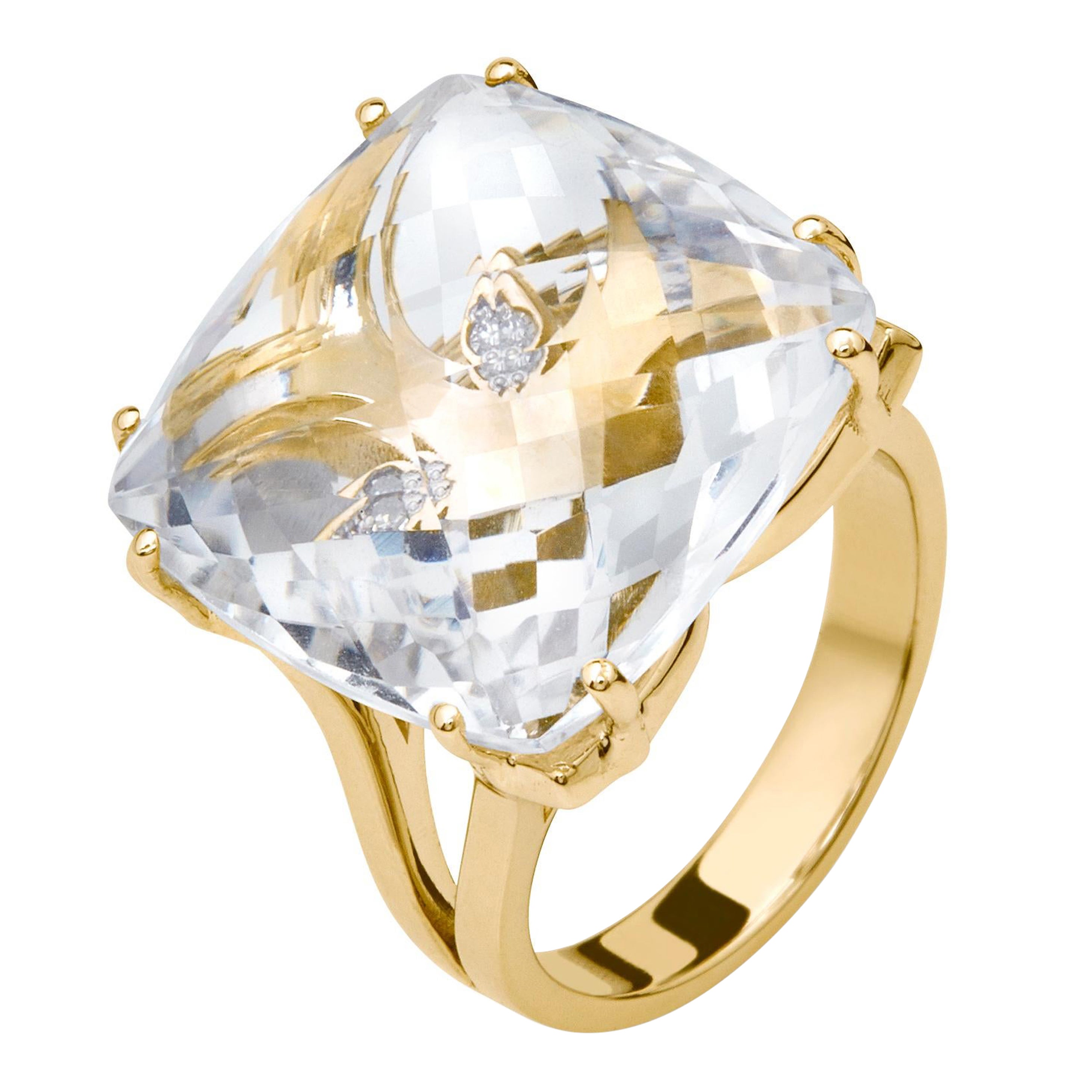 Contemporary Quartz 19.00 Ct & Diamonds 18kt Yellow Gold Ring Chakral Activator