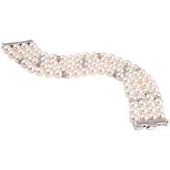 Multi Strand Pearl 1.20 Carats Diamonds Gold Bracelet