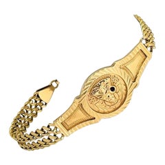 14 Karat Yellow Gold Ladies Jesus Christ Medallion Double Curb Link Bracelet