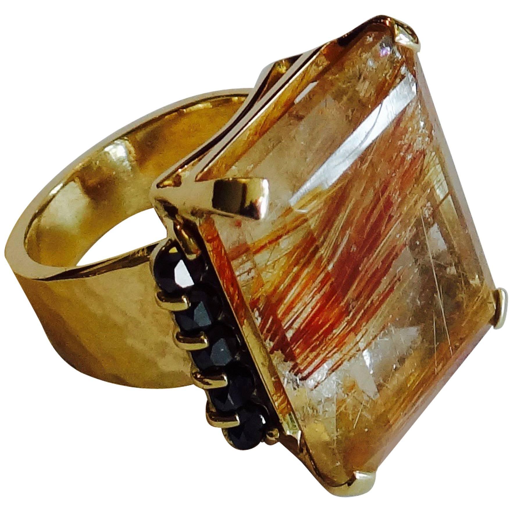 Michael Kneebone Rutilated Quartz Black Diamond Hammered Gold Ring