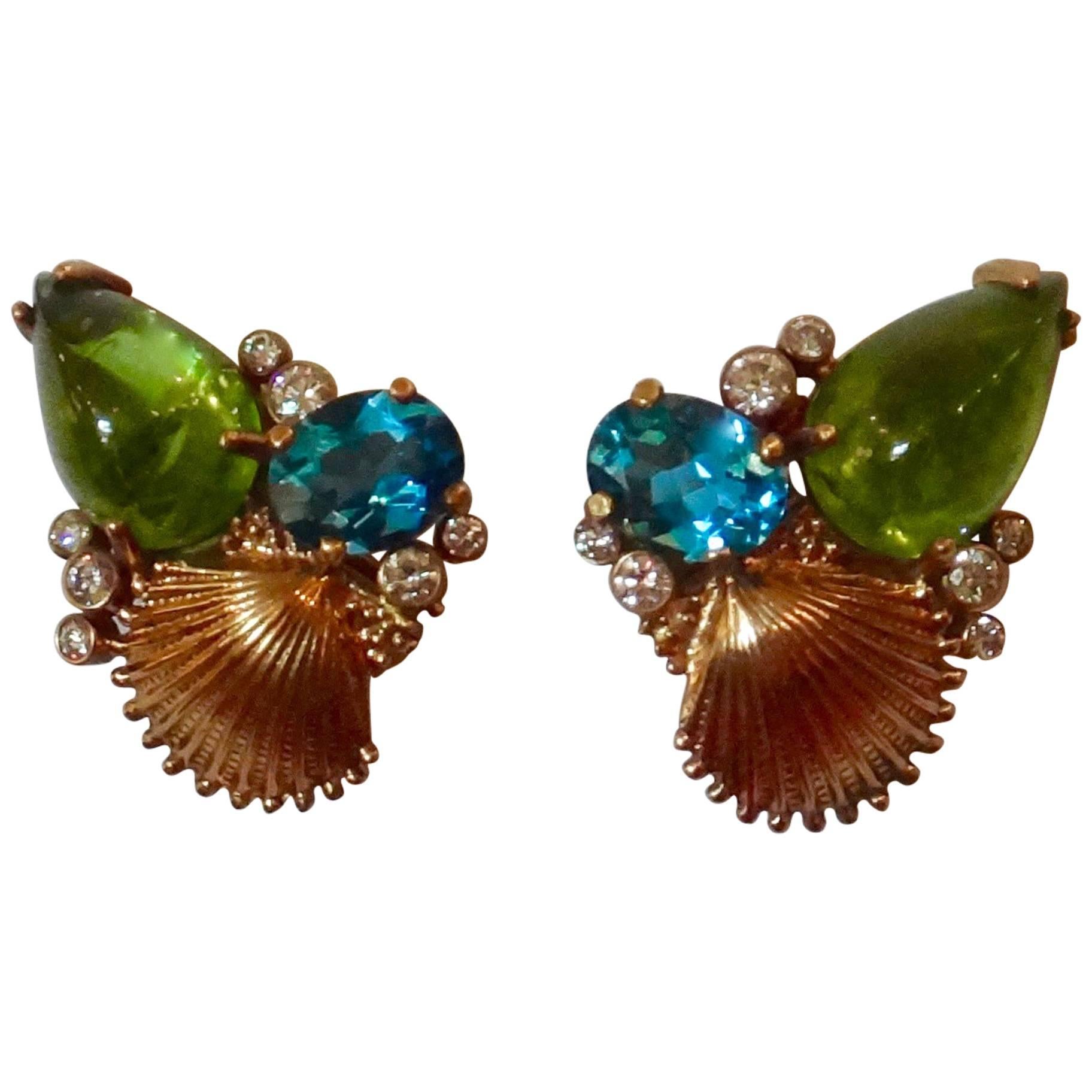 Michael Kneebone Peridot Blue Topaz Diamond Gold Shell Earrings