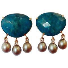 Apatite Slice Pearl Diamond Gold Dangle Earrings