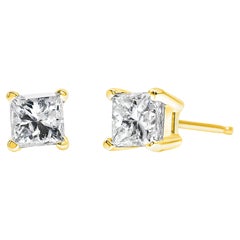 AGS Certified 14K Yellow Gold 1/2 Carat Princess Solitaire Diamond Stud Earrings