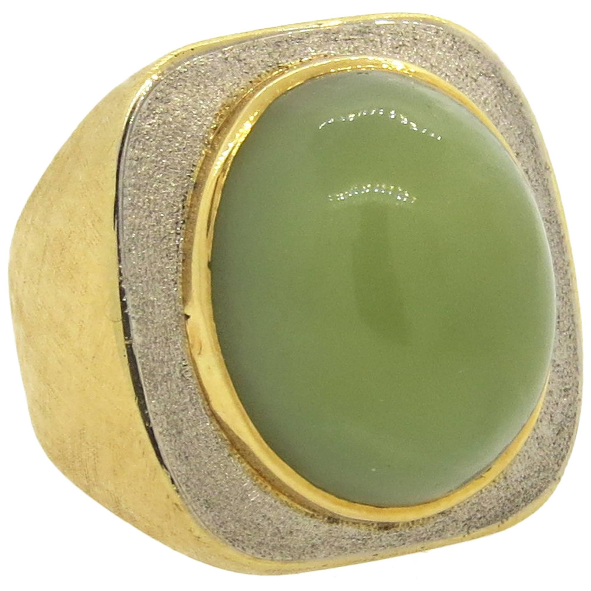 Modernist Burle Marx Green Gemstone Gold Cabochon Ring 