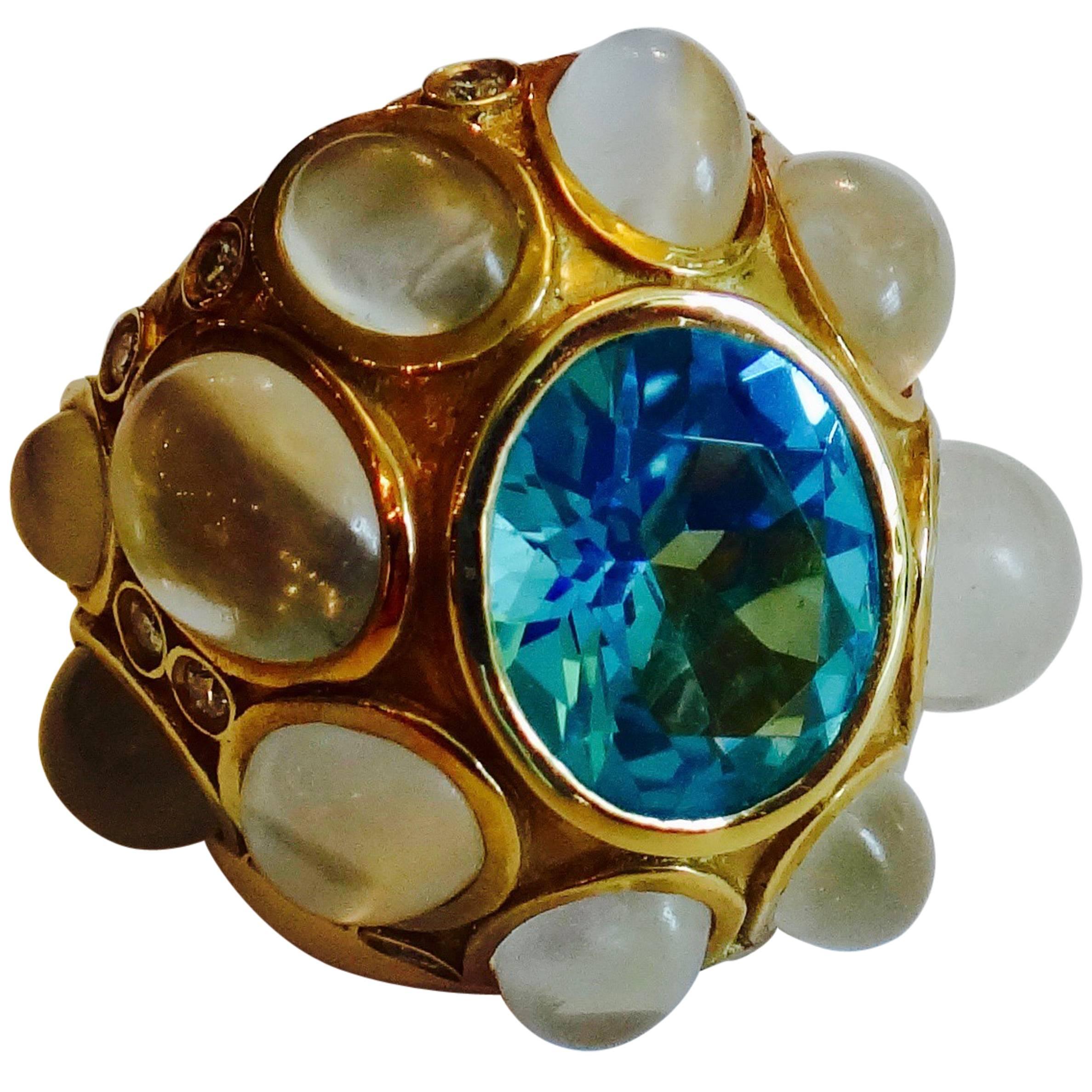 Blue Topaz Cat's Eye Moonstone Diamond Gold Ring