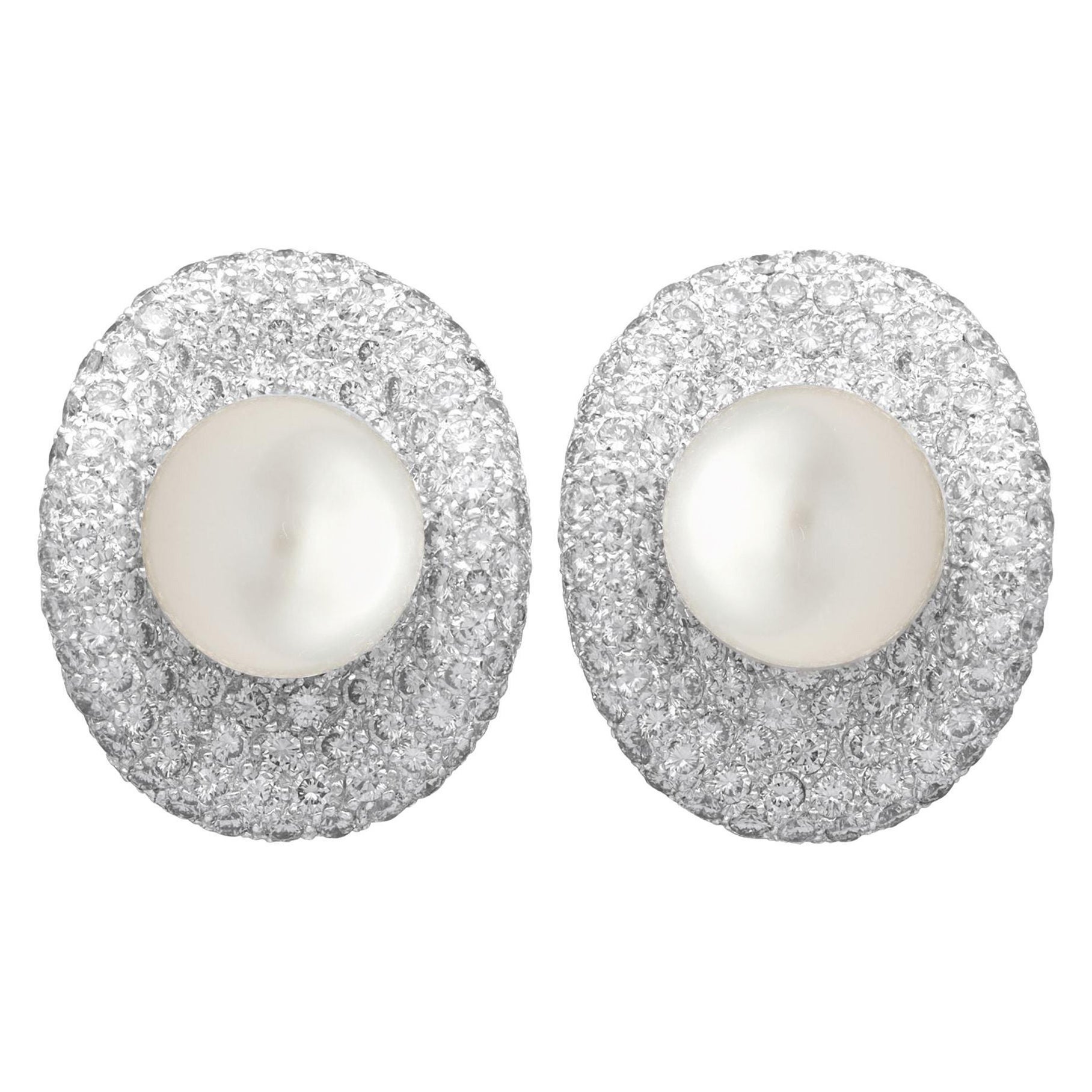 Vintage Pearl 5.15ct Diamond 18k White Gold Stud Earrings For Sale