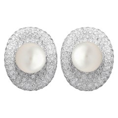 Retro Pearl 5.15ct Diamond 18k White Gold Stud Earrings