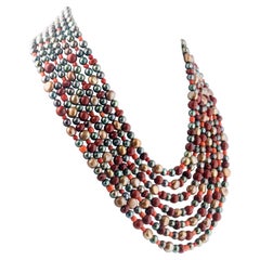 Freshwater Pearls Pink Coral Red Jasper 925 Silver Beaded Multistrand Necklace