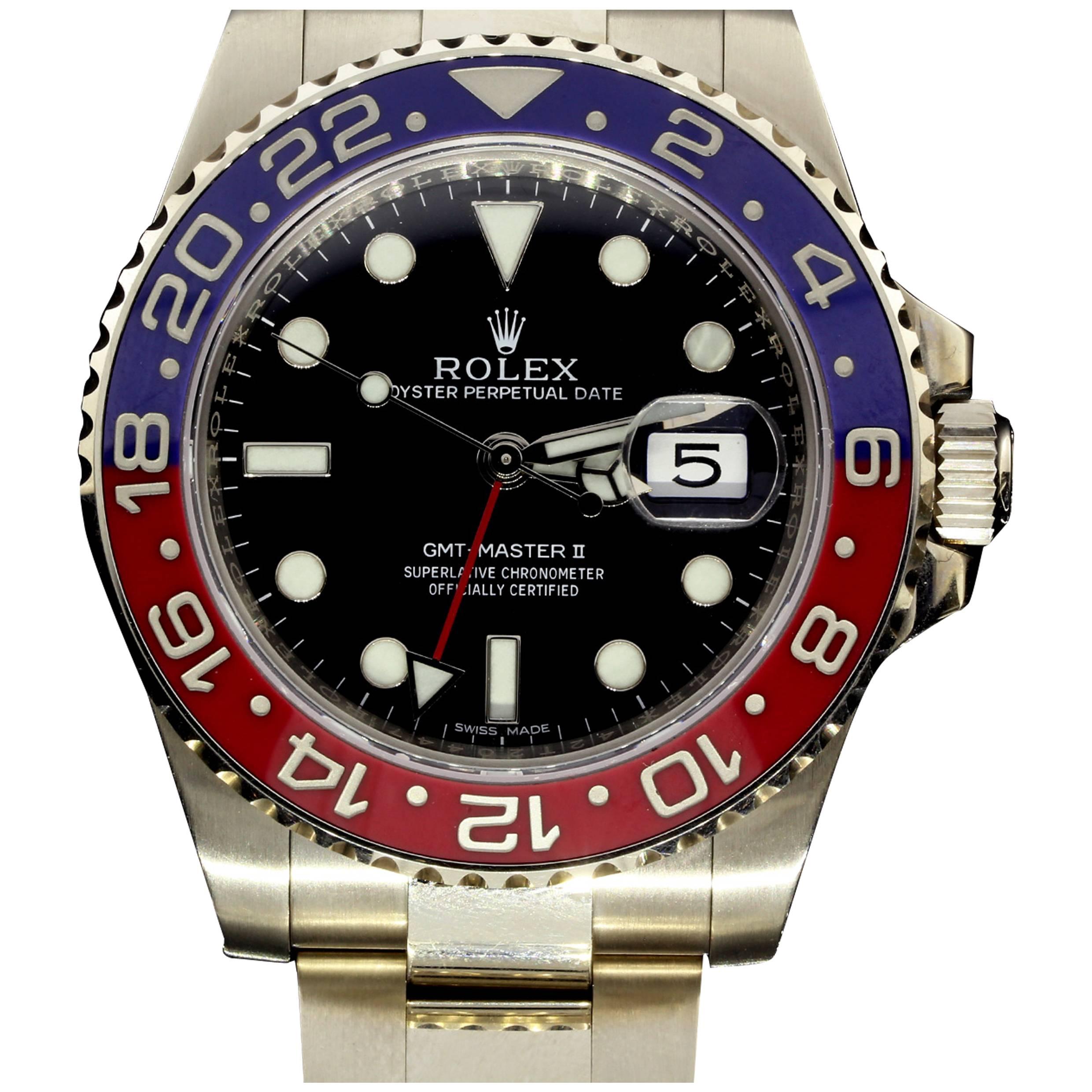 Rolex White Gold GMT Master II Pepsi Bezel Wristwatch