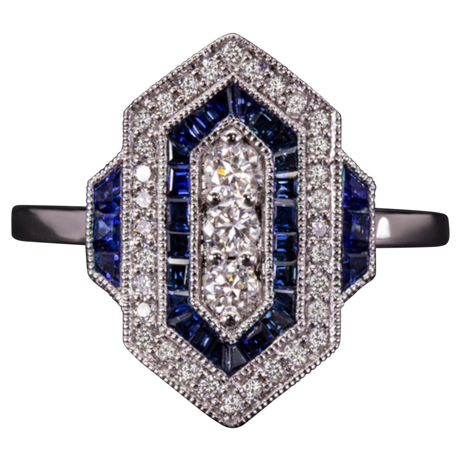 Blauer Saphir-Diamant-Ring im Art déco-Stil 