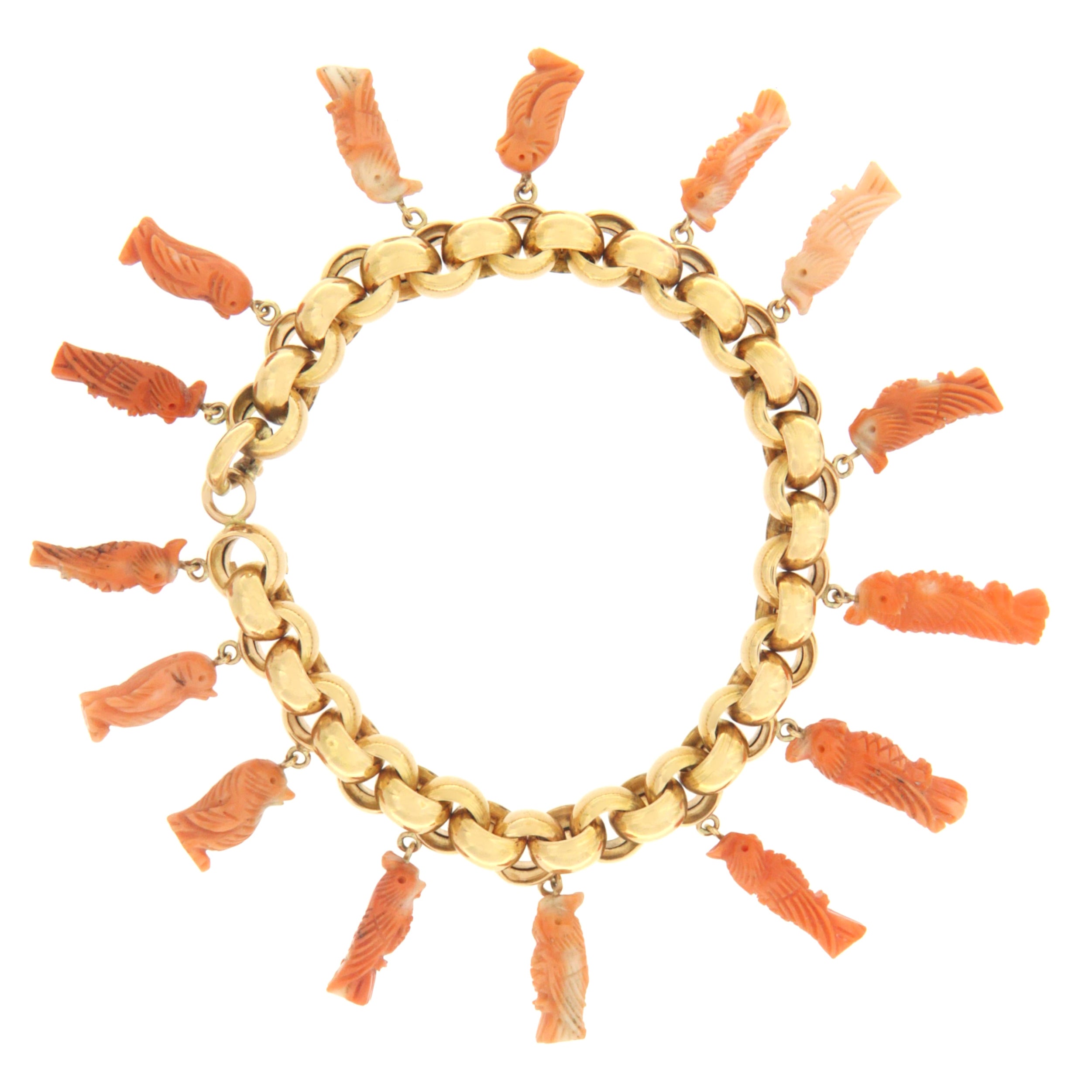 Bracelet manchette artisanal hibou en or jaune 18 carats et corails