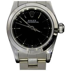 Rolex Lady's Stainless Steel Oyster Perpetual Black Dial Wristwatch