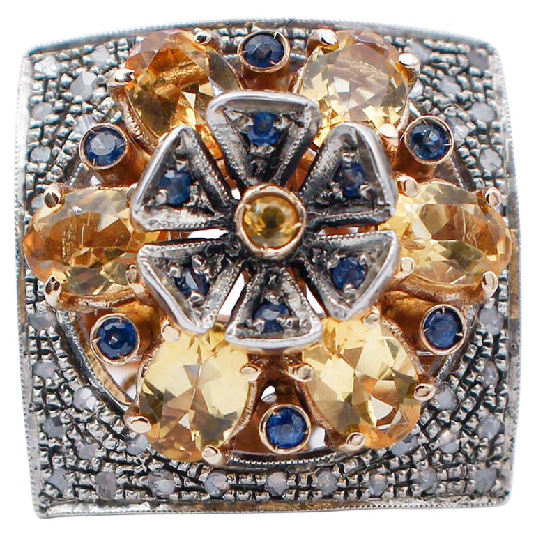 Yellow and Blue Sapphires, Diamonds, Rose Gold and Silver Retrò Ring