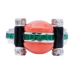 Emeralds, Coral, Onyx, Diamonds, 14 Karat White Gold Ring