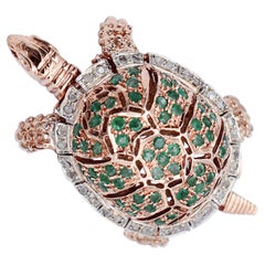 Emeralds, Diamonds, Rose Gold and Silver Turtle Ring