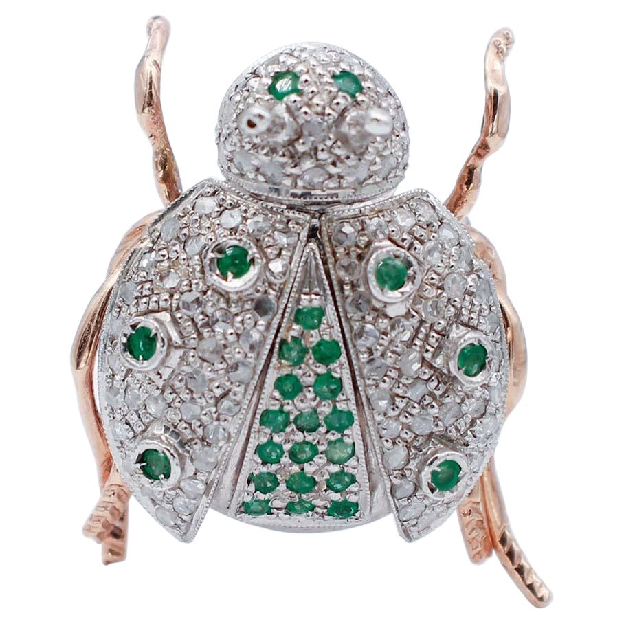 Emeralds, Diamonds, Rose Gold and Silver Ladybug Shape Ring For Sale