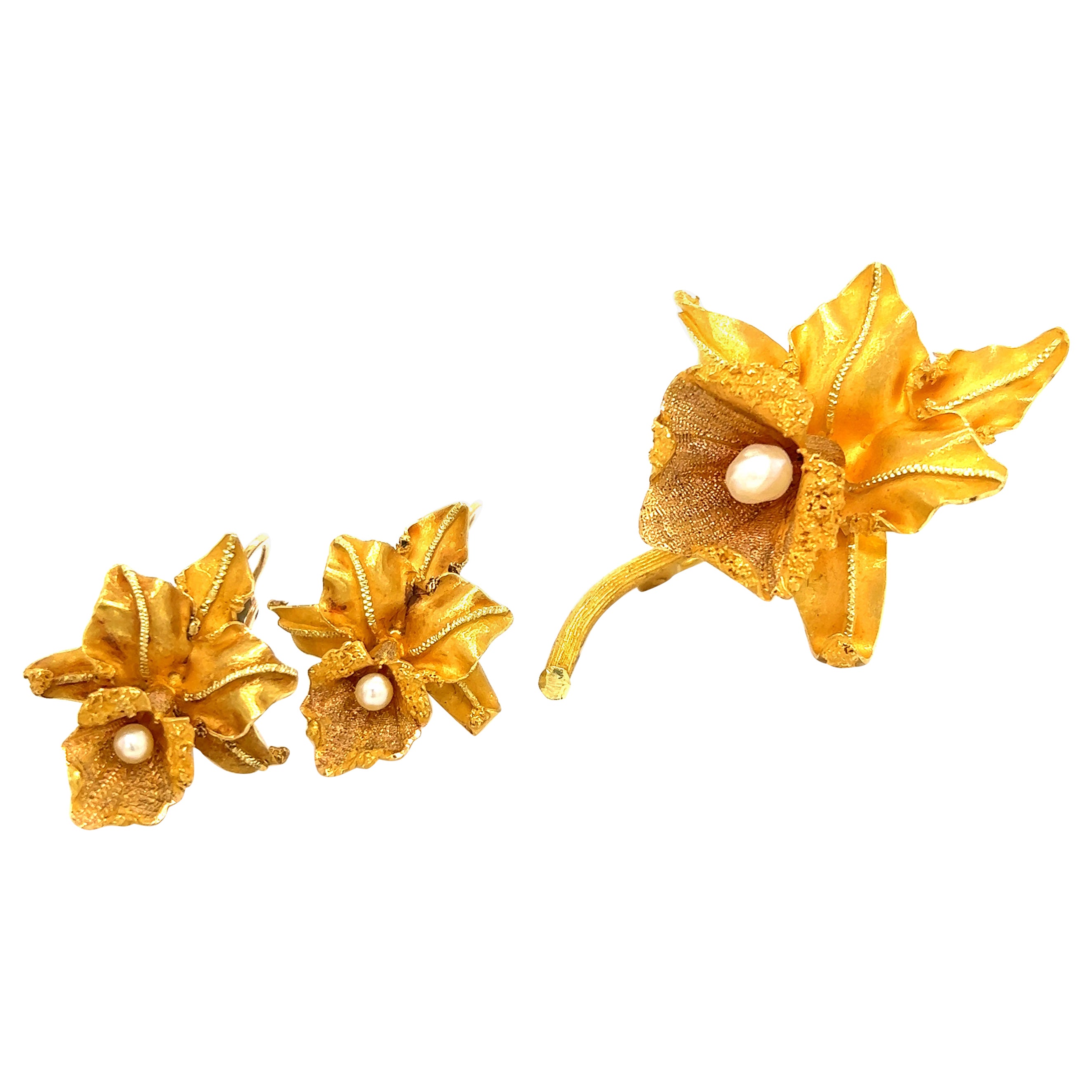 Vintage Orchid Brooch & Earring Set Pearls 18k Yellow Gold For Sale