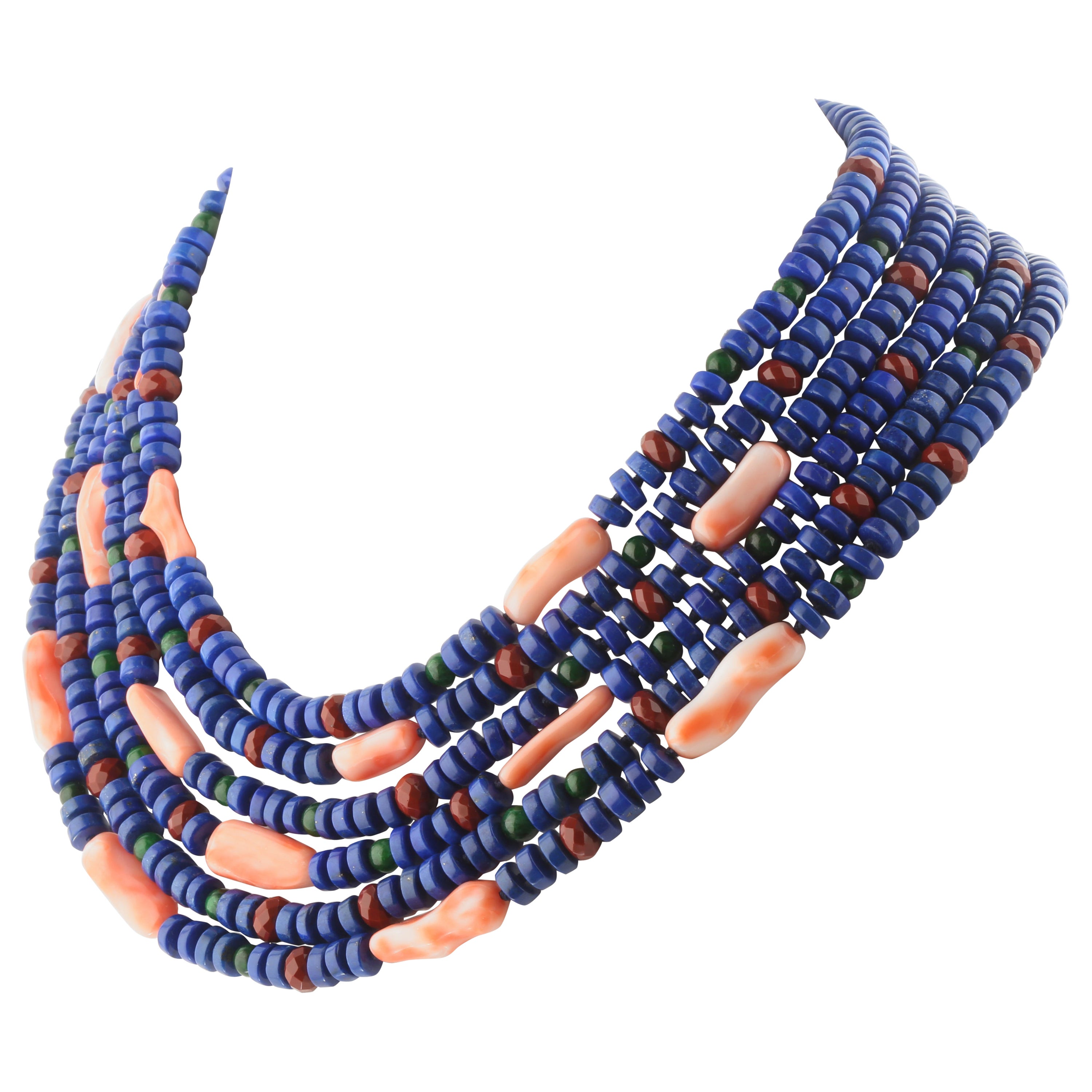 Lapis Lazuli Red Jasper Pink Coral Beaded Crafted Multistrand Italian Necklace For Sale