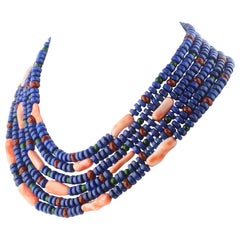 Lapis Lazuli Red Jasper Pink Coral Beaded Crafted Multistrand Italian Necklace