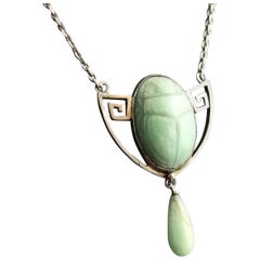 Antique Arts and Crafts Scarab Beetle Necklace, Sterling Silver and Amazonite