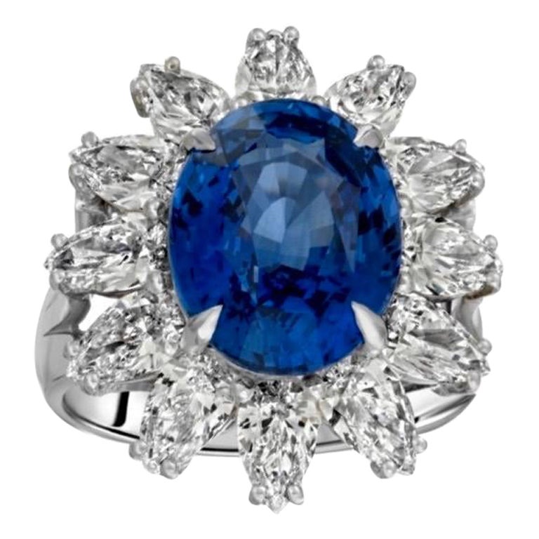 Platin Art Deco Birnenförmiger Diamant 8,59 Karat Blauer Saphir Verlobungsring