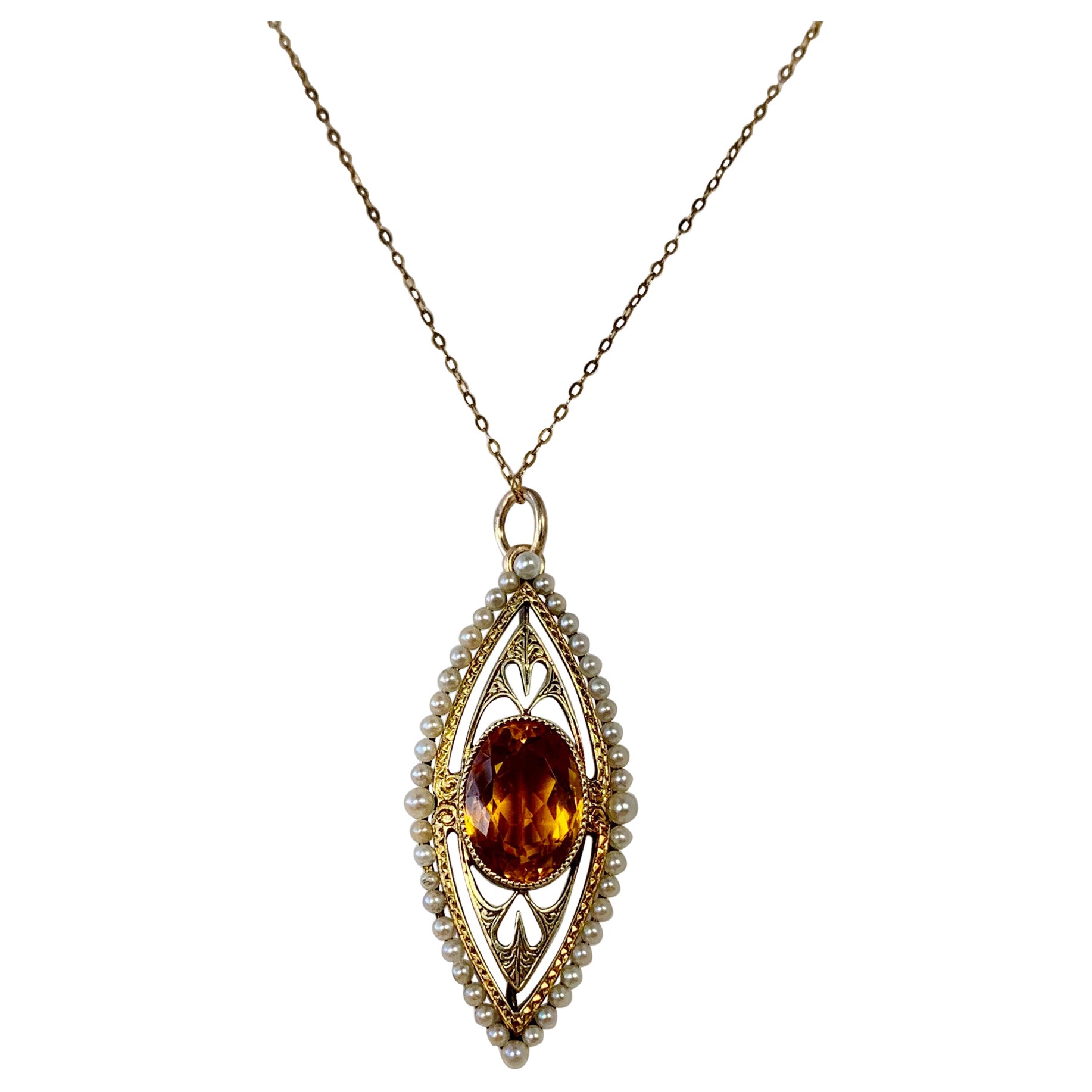 5 Carat Citrine Pearl Heart Pendant Lavalier Necklace Antique Victorian 14 Karat For Sale