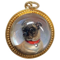 Victorian Pug Dog Pendant Enamel Essex Crystal 18 Karat Gold Necklace