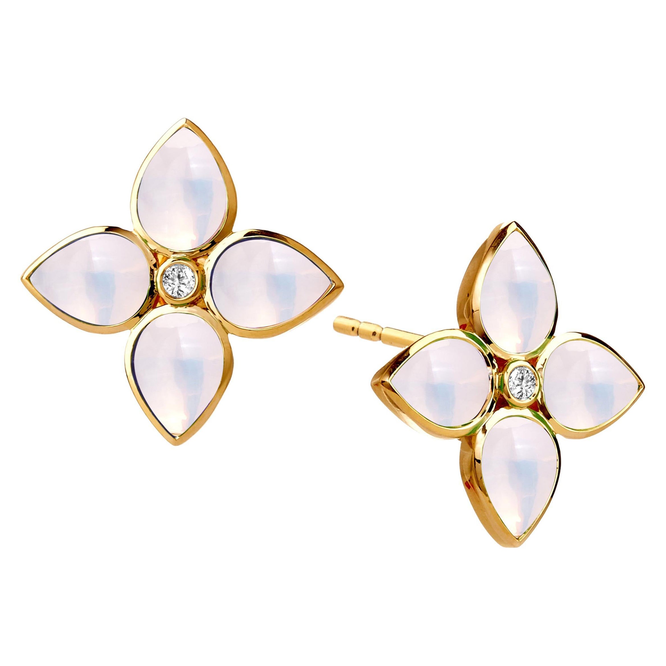Syna Yellow Gold Moon Quartz Earrings with Diamonds For Sale