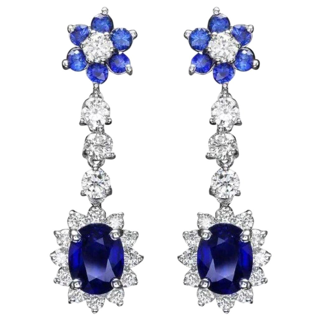 4.90 Carats Natural Sapphire and Diamond 14K Solid White Gold Earrings