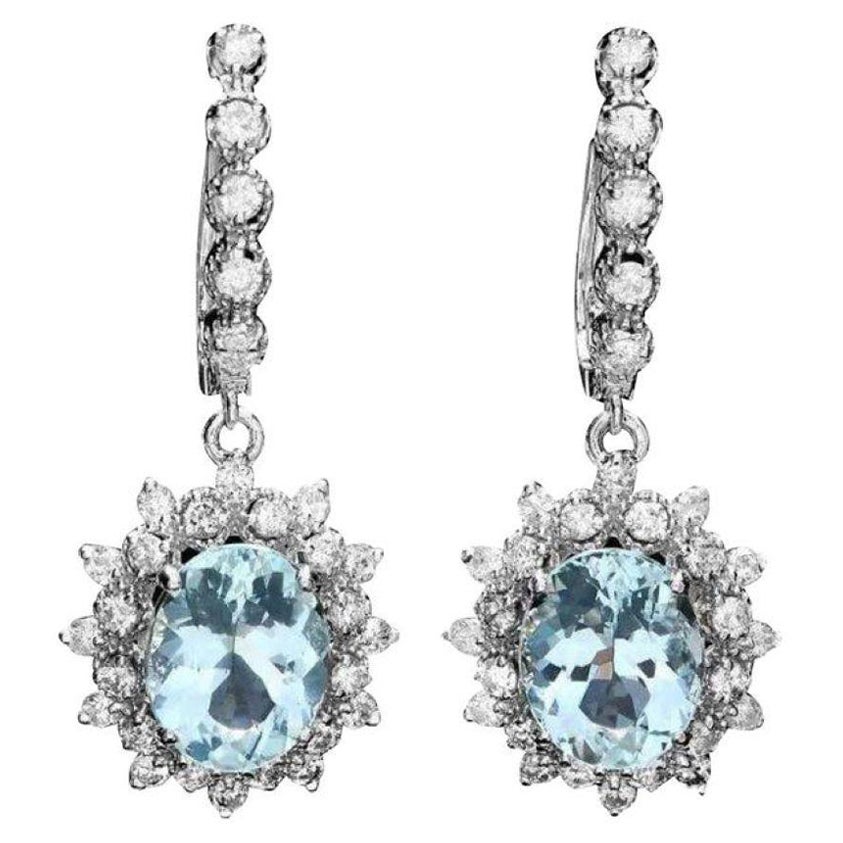 7.00Ct Natural Aquamarine and Diamond 14K Solid White Gold Earrings For Sale