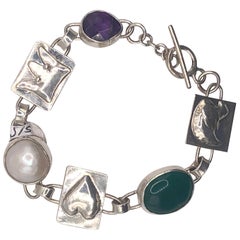 Sterling Silver Modern Bracelet with Pearl, Lapis Lazuli and Amethyst