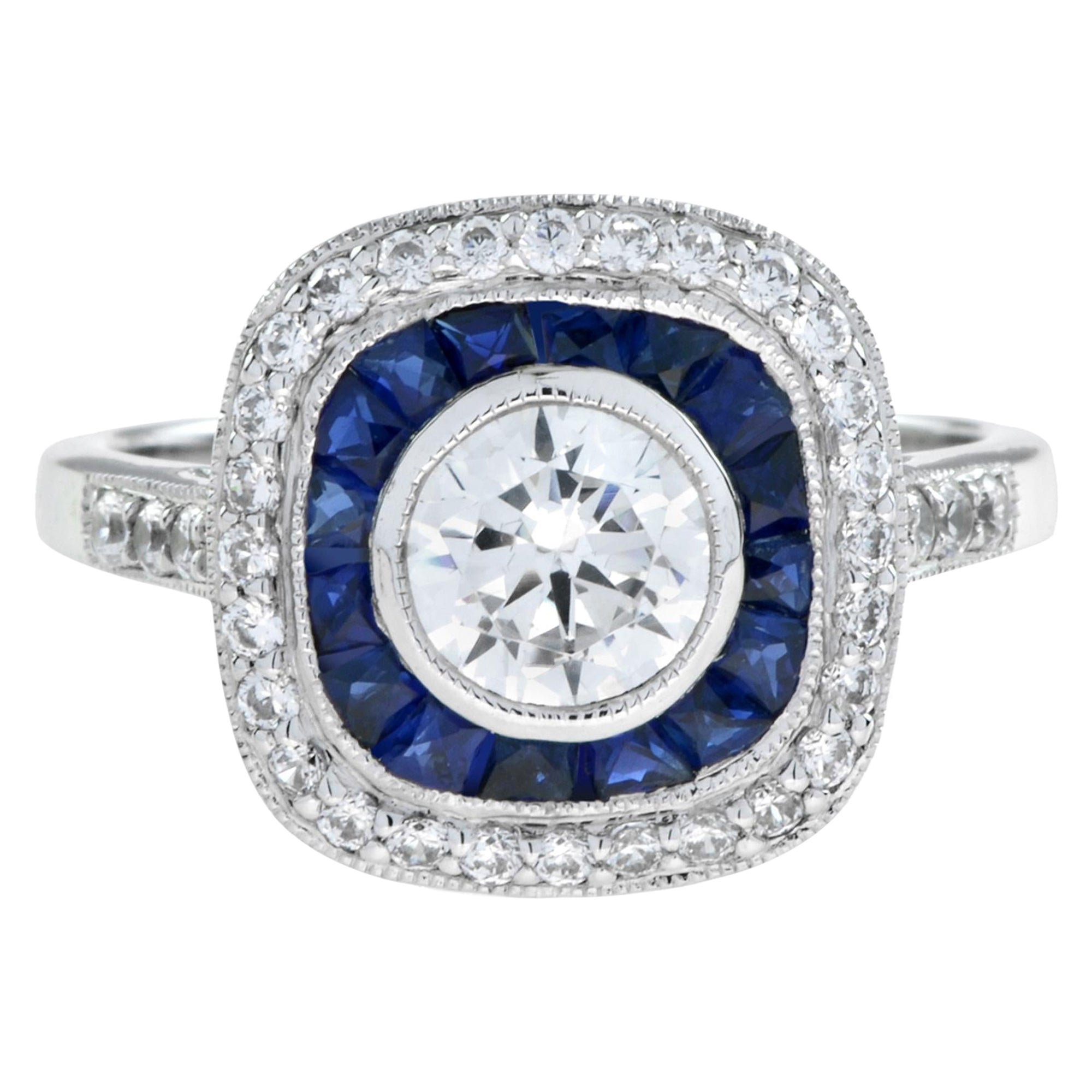 Art Deco Style Round Diamond and Sapphire Cushion Target Ring 18K Gold