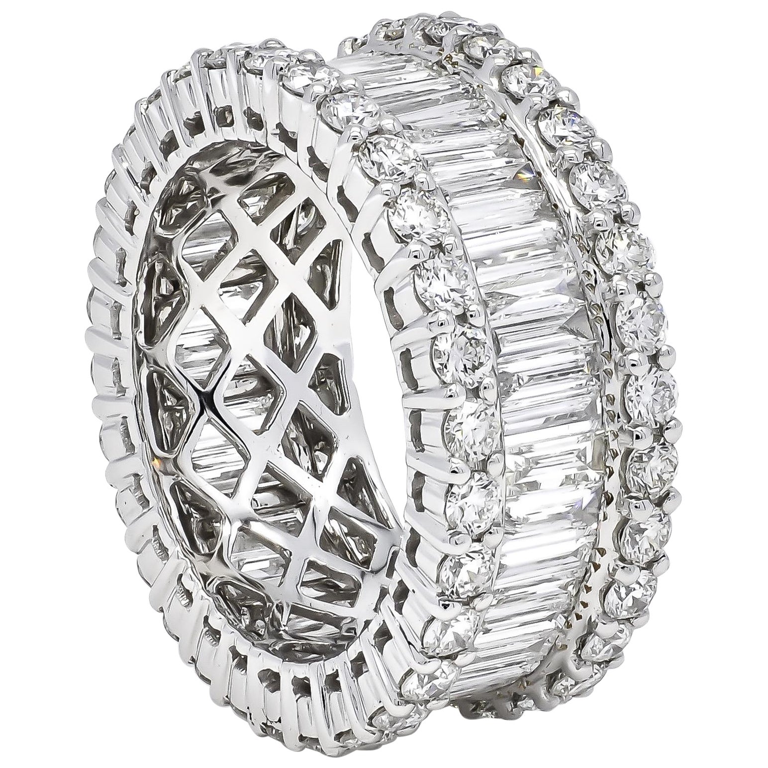 18KT White Gold Natural Diamonds Channel Set Baguette Round Wide Band Ring