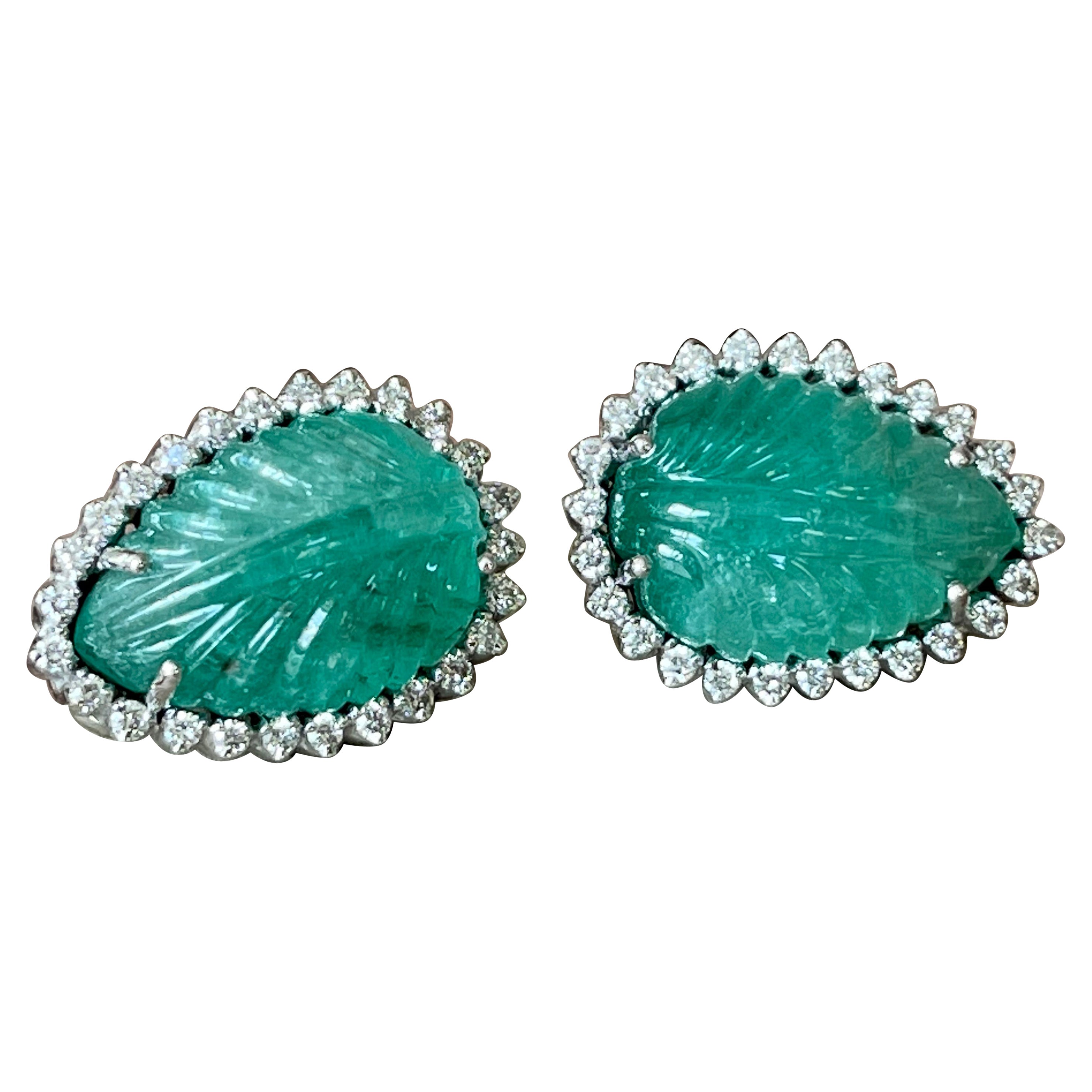 Pair of 18 K White Gold Carved Emerald Diamond Earrings For Sale