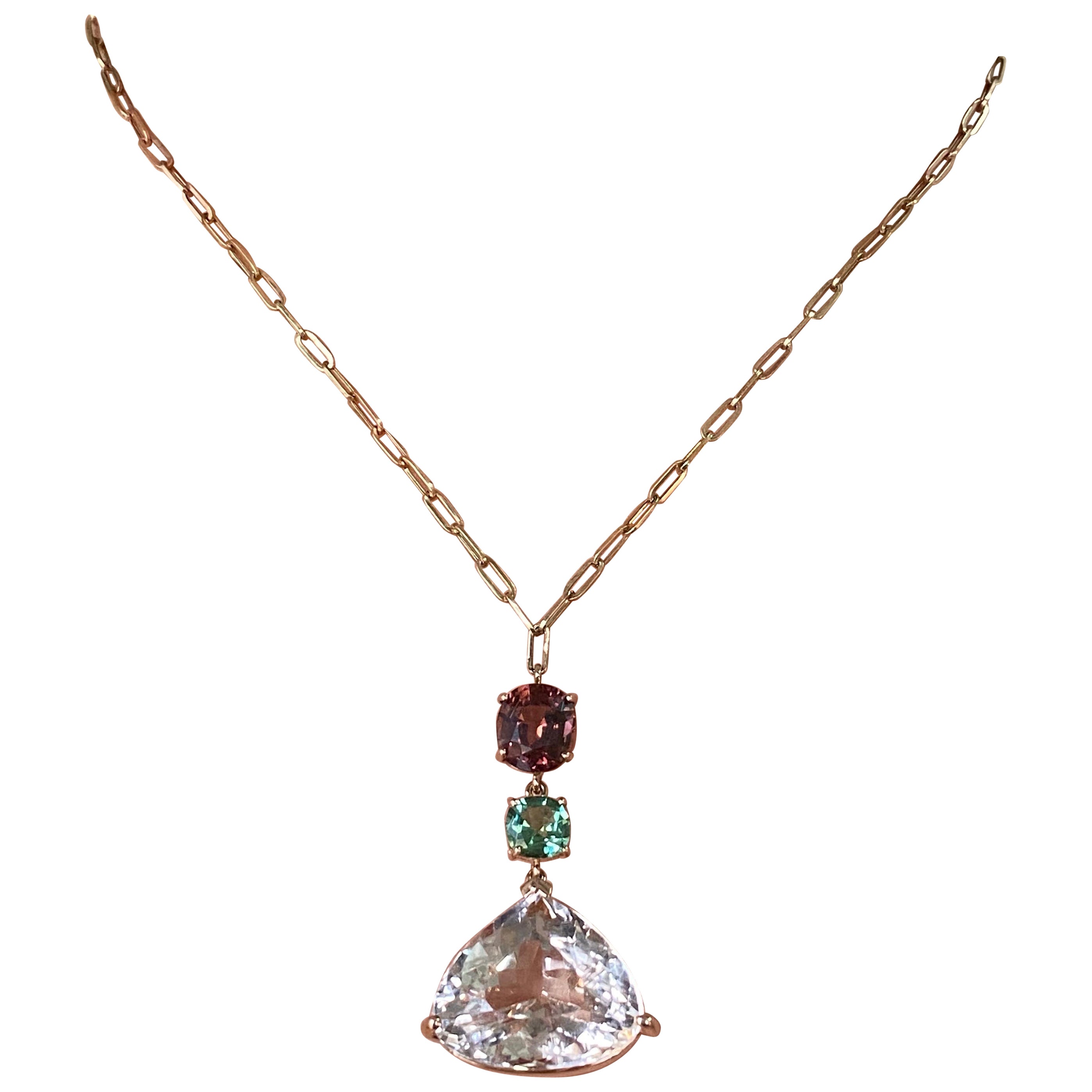Certified Morganite and Tourmaline Pendant Link Necklace For Sale
