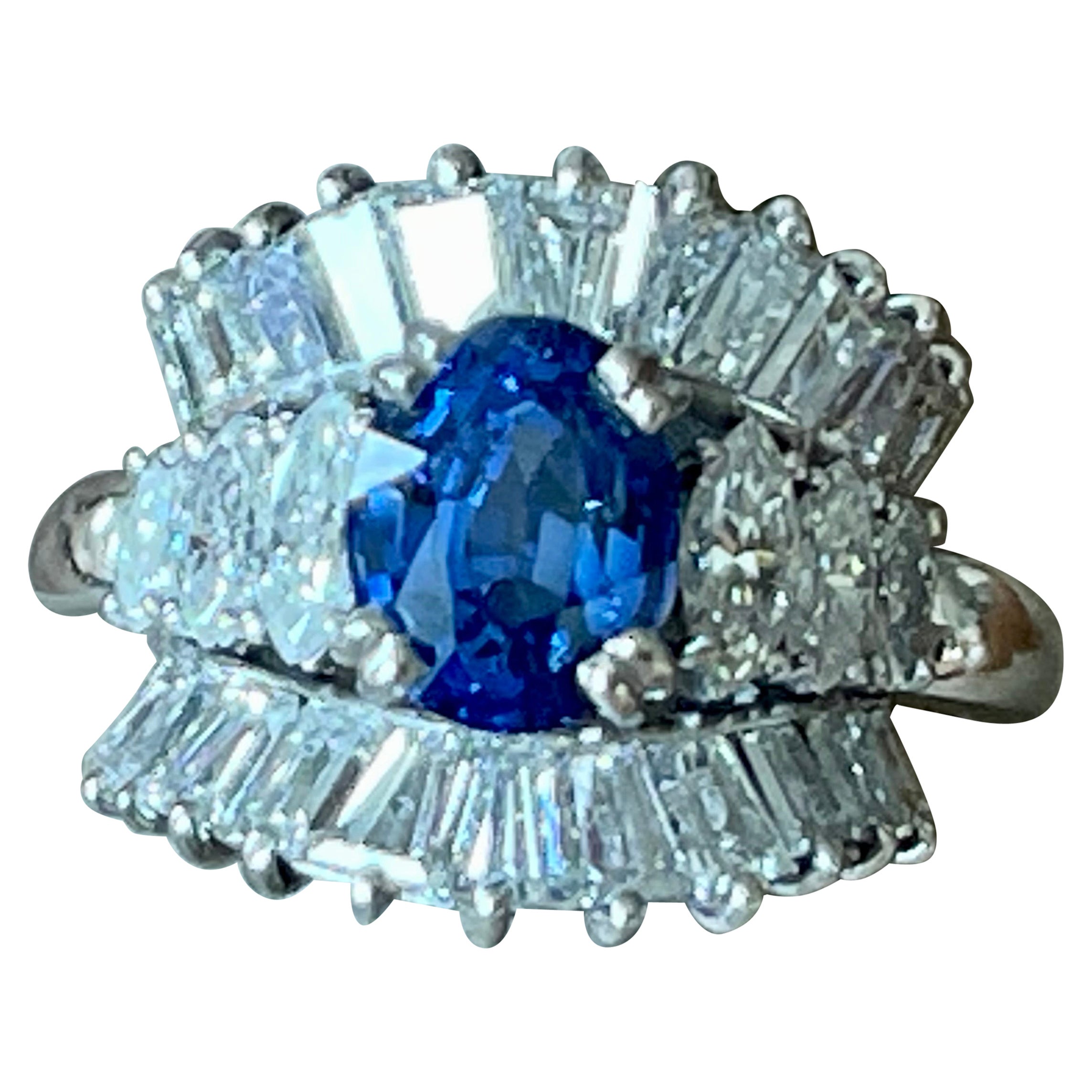 Platinum Cocktail Ring by Bucherer Ceylon Sapphire Marquise Baguette Diamonds For Sale