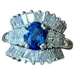 Platinum Cocktail Ring by Bucherer Ceylon Sapphire Marquise Baguette Diamonds