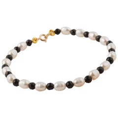 Black Agate Freshwater Pearls 18 Karat Gold Beaded Handmade Modern Boho Bracelet