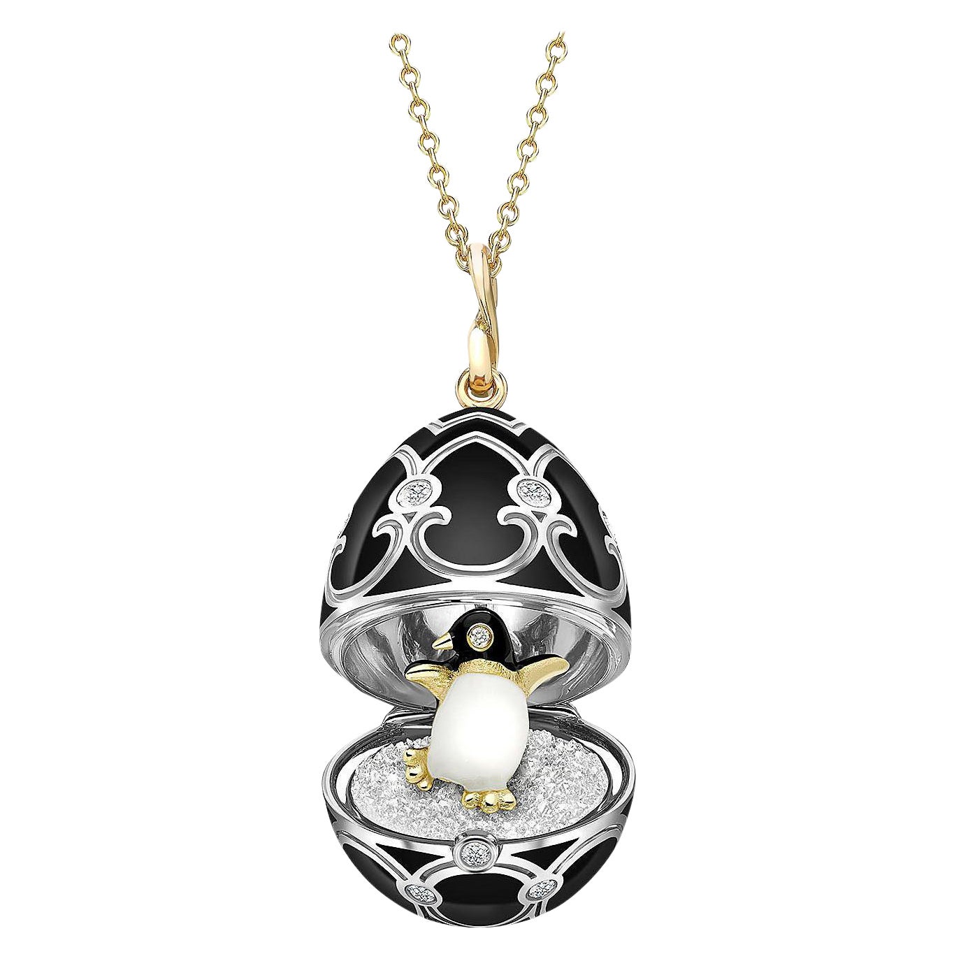 Fabergé Heritage Yellow and White Gold Diamond and Black Enamel Penguin Surprise For Sale