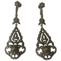 Early 20th Century Silver and Marcasite Drop Dangly Screw Back Earrings