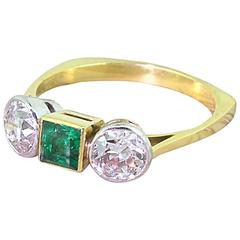 Art Deco Emerald & 1.40 Carat Old Cut Diamond Three Stone Ring